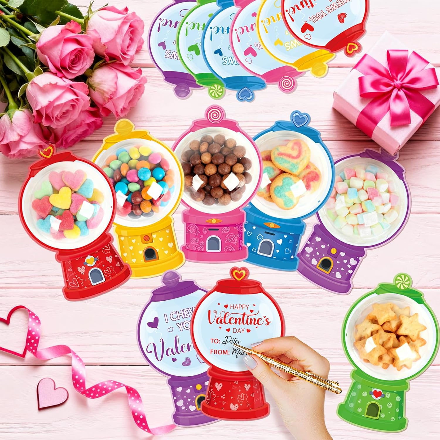 36 Pack Valentines Cards For Kids Diy Valentines Candy Cards With Bubble Gum Machine Design And Round Adhesive Shaker Pouches Classroom Exchange Gifts For Boys Girls School Party Favors