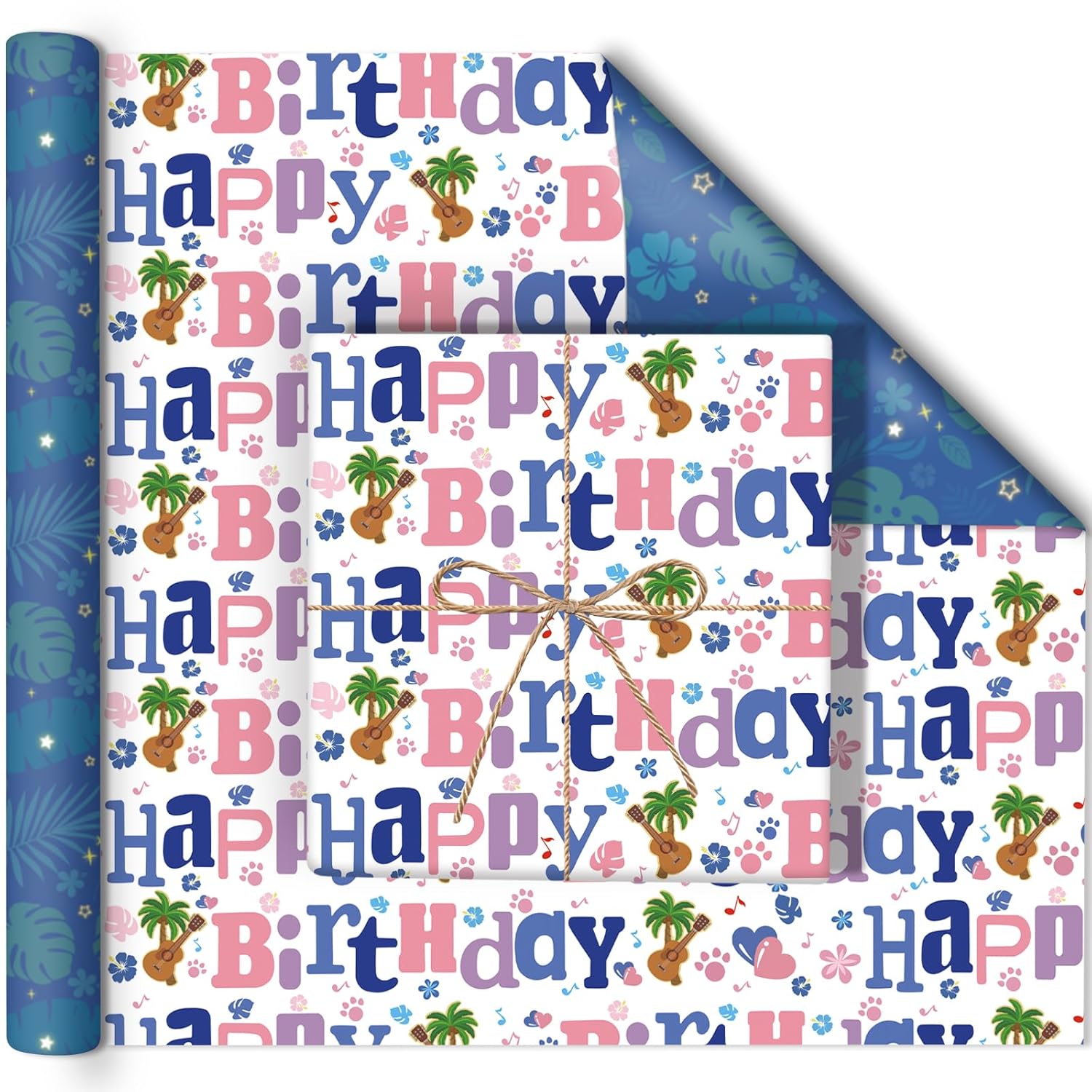 Reversible Hawaiian Happy Birthday Wrapping Paper - 8 Sheets | Tropical Plant & Floral Pattern Gift Wrap Paper For Kids’ Birthdays, Baby Showers, Holiday & Aloha-Themed Greetings 19.7" X 27.6"