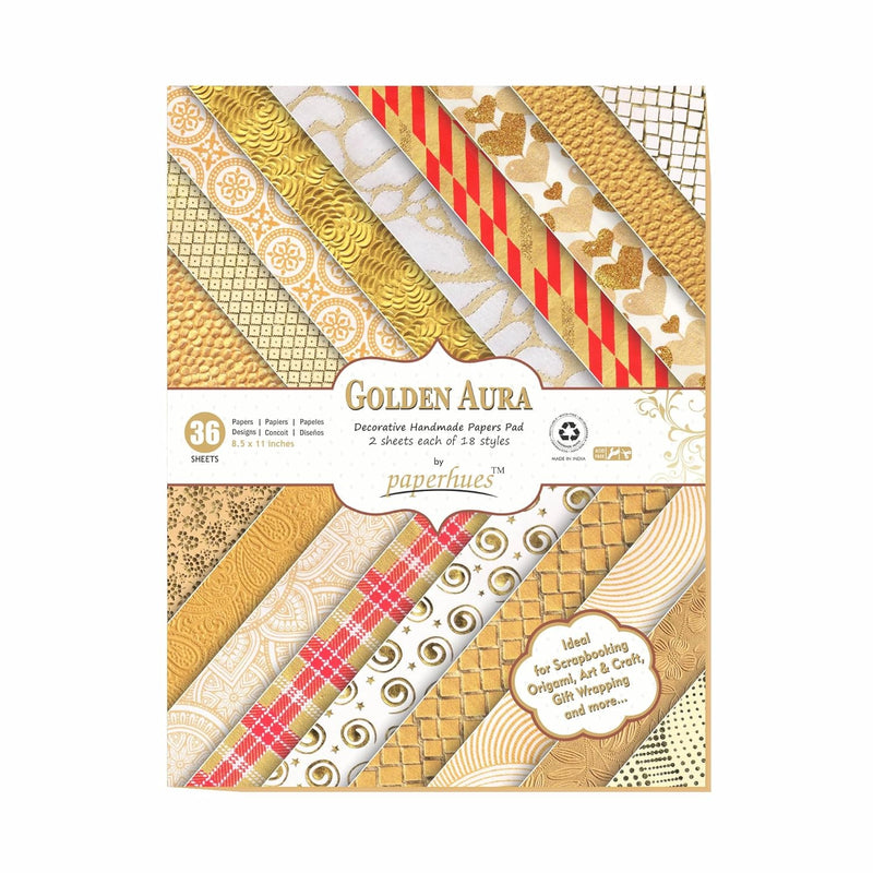 Golden Aura Handmade Scrapbook Paper 8.5X11" Pad, 36 Sheets (2 Sheets Each Of