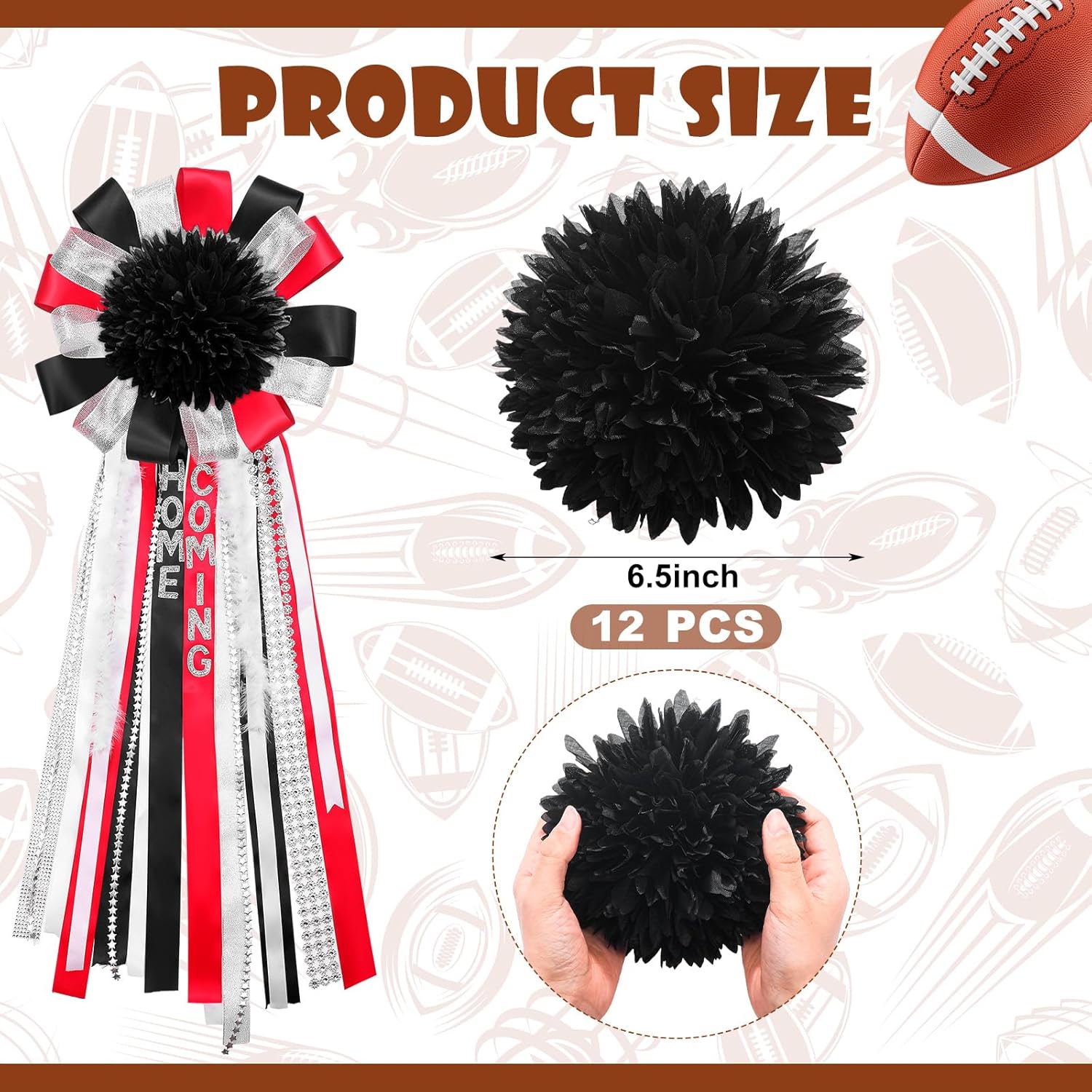 12 Pcs Homecoming Mum Flower - 6.5 Inches Artificial Silk Mums Accessories Kit Diy Crafts For Back To School Homecoming Week Party Decorations (Black)