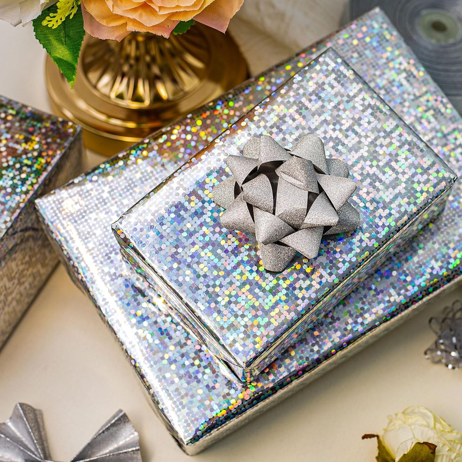 17 In X 32.8 Ft (46.5 Sq.Ft.) Holographic Wrapping Paper Roll, Silver Dots Gift Wrap For Disco Party, Wedding, Birthday, Christmas, Bridal Shower, Father'S Day, Graduation