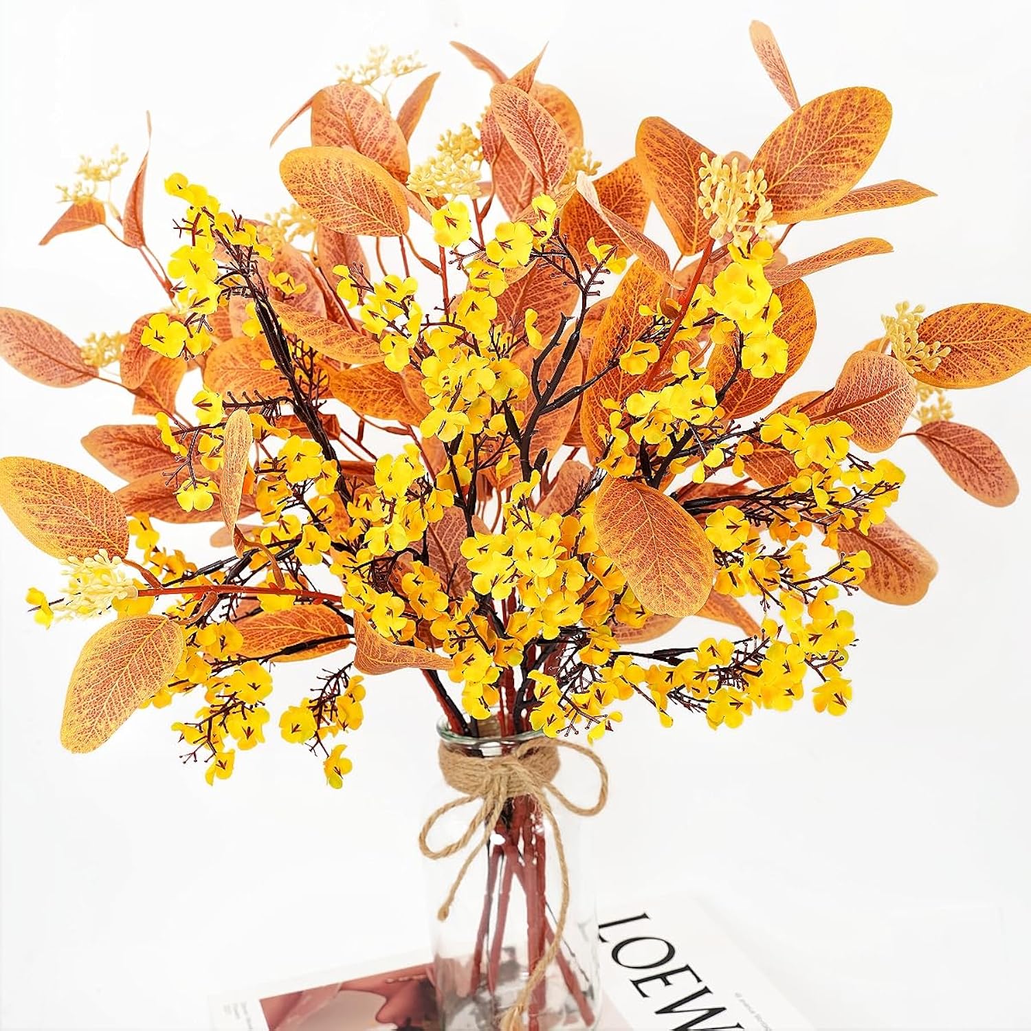 8 Bundle Artificial Flowers With Eucalyptus, 19.6" Fake Flowers Fall Decor Mixed Silk Faux Flower For Autumn Vase Centerpiece Table Wedding Party Home Decor Floral Arrangements, Yellow