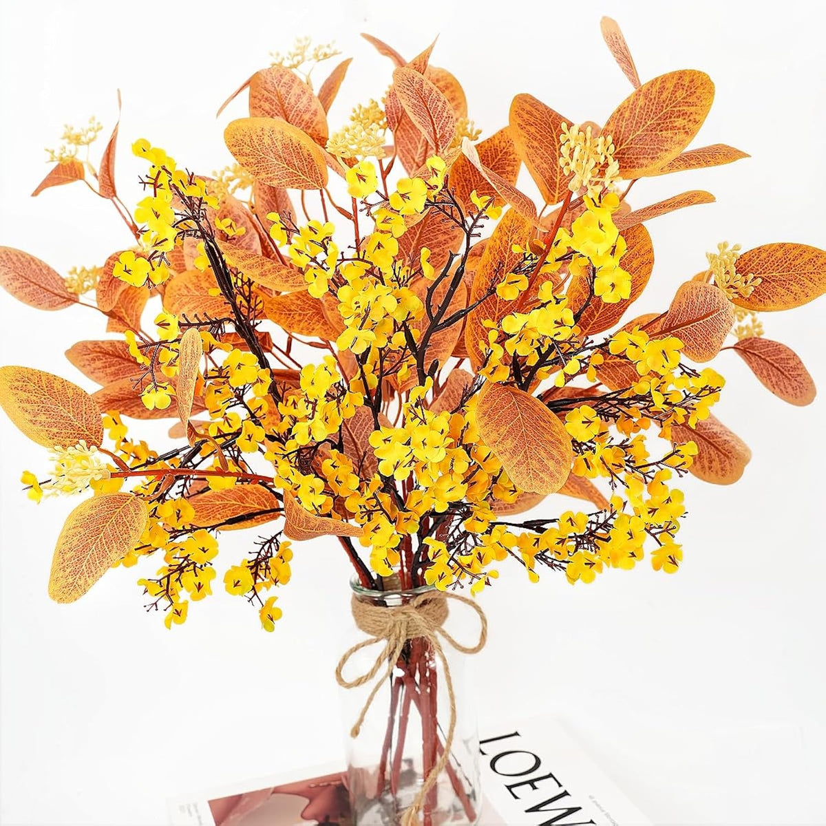 8 Bundle Artificial Flowers With Eucalyptus, 19.6" Fake Flowers Fall Decor Mixed Silk Faux Flower For Autumn Vase Centerpiece Table Wedding Party Home Decor Floral Arrangements, Yellow