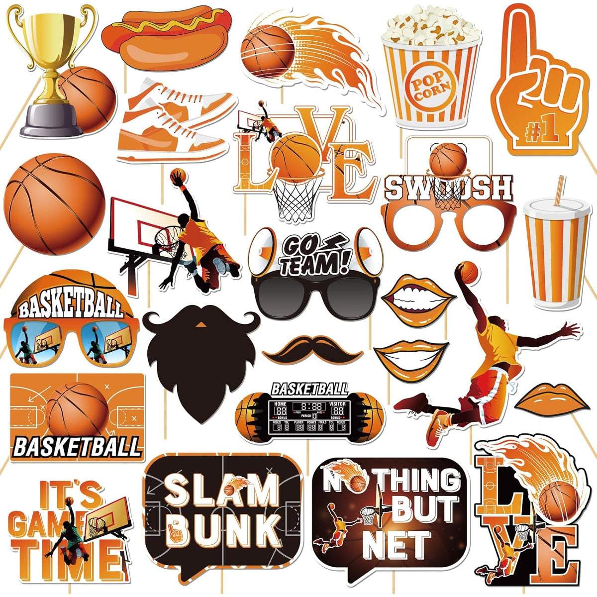 25 Pcs Basketball Photo Booth Props Kit, Sport Themed Birthday Party Selfie Decorations, Game Day, Baby Shower Kids Boys Men Birthday Party Photography Supplies