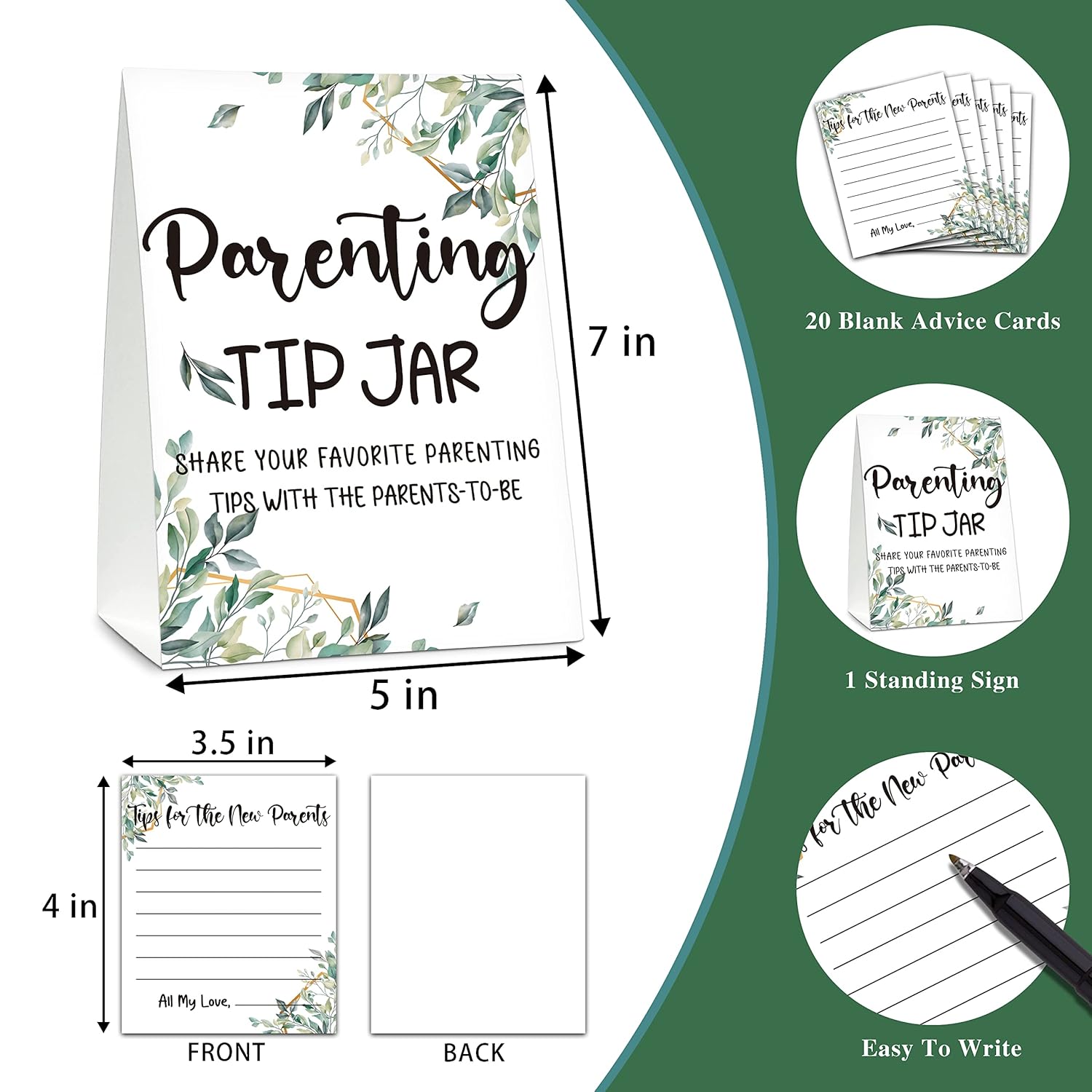 Baby Shower Game Set, Parenting Tip Jar Party Games(1 Standing Sign + 20 Advice Cards), Greenery Blank Advice Cards For New Parents, Eucalyptus Baby Shower/Gender Reveal Party Favor Decor(A01)