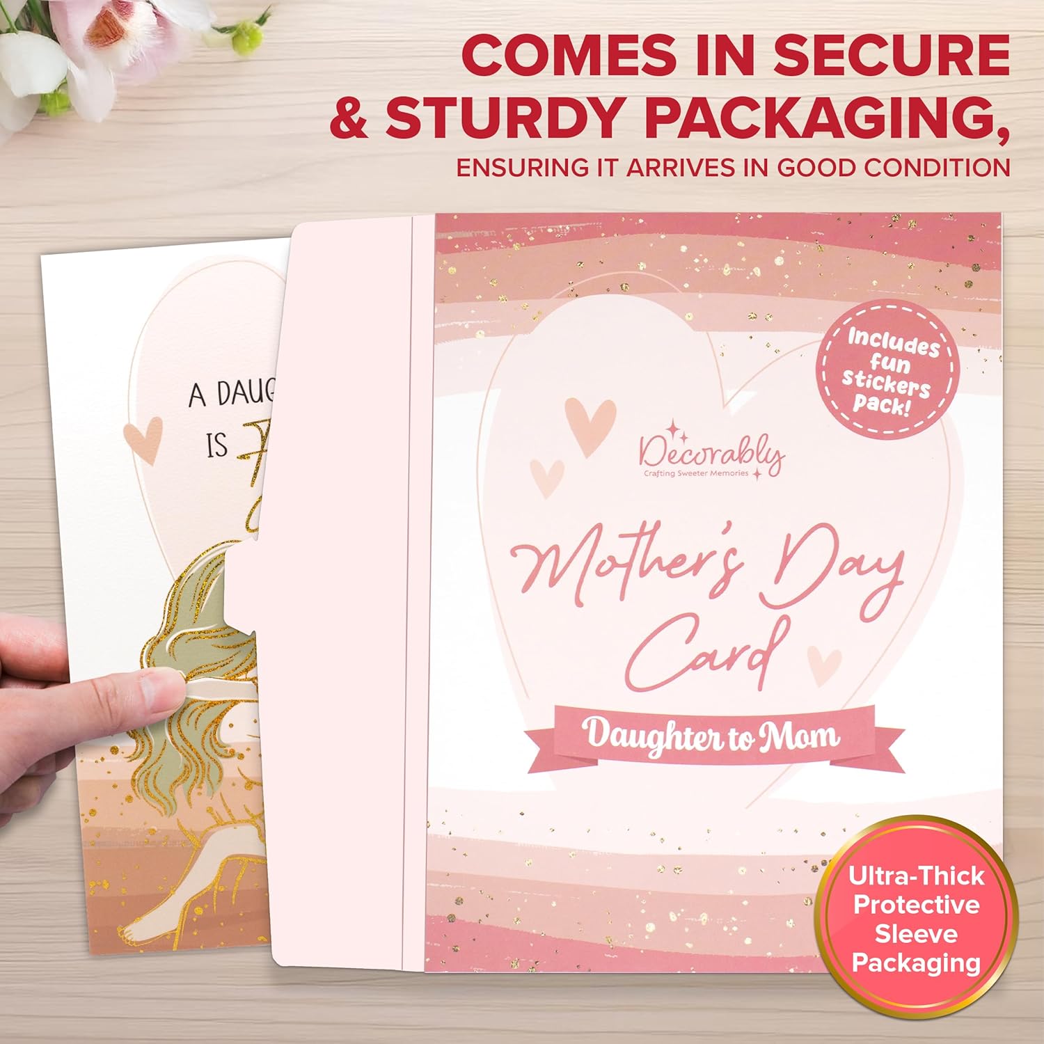 Gold Glitter Foil 5X7In Handmade Individual Mothers Day Card From Daughter With String And Die-Cut Heart Charm, Matching Envelope And Stickers For Mom, Textured With Printed Message Inside