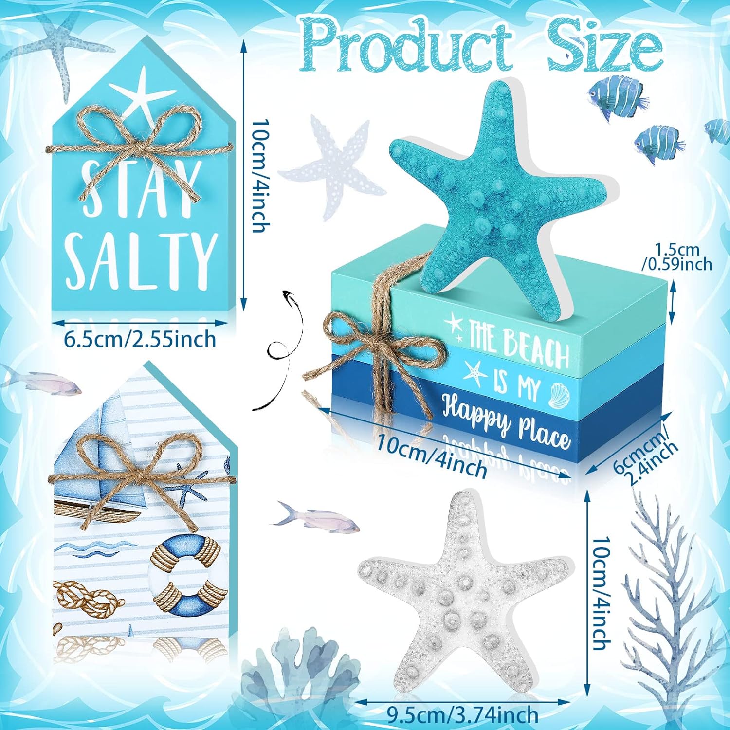 5 Pcs Starfish Beach Tiered Tray Decor Coastal Summer Decoration For Home Ocean Blue Table Centerpieces 3 Faux Books Bundle With Twine Rustic Farmhouse Wood House Sign For Office Tabletop Shelf