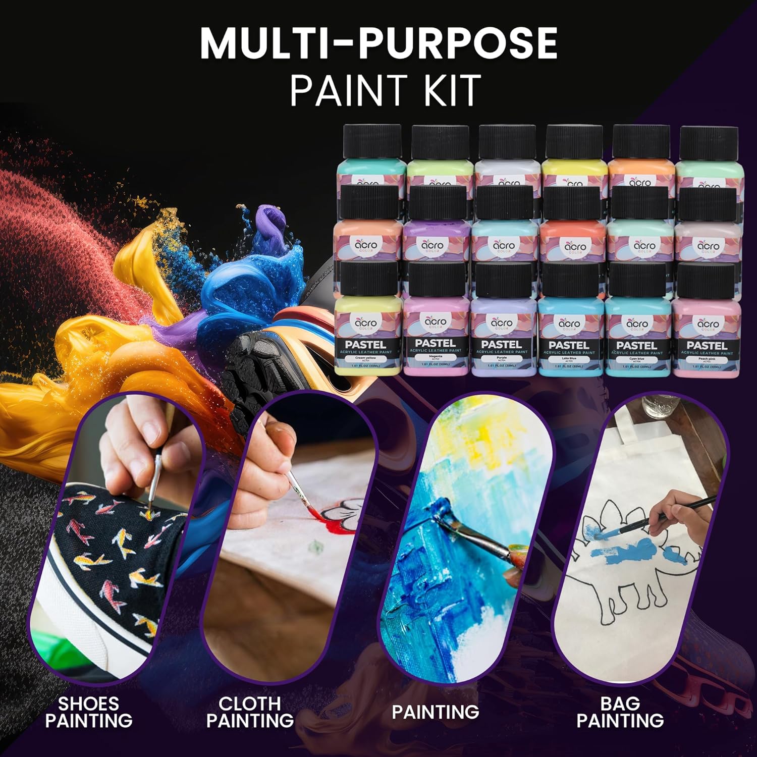 Acrylic Leather Paint For Shoes - 18 Color Leather Paint Kit With 5 Paint Brushes (Deglazer & Finisher Not Included) - Great Repair Finisher For Shoes,Sneakers, Wallets, Jackets (Pastel - 18 Colors)