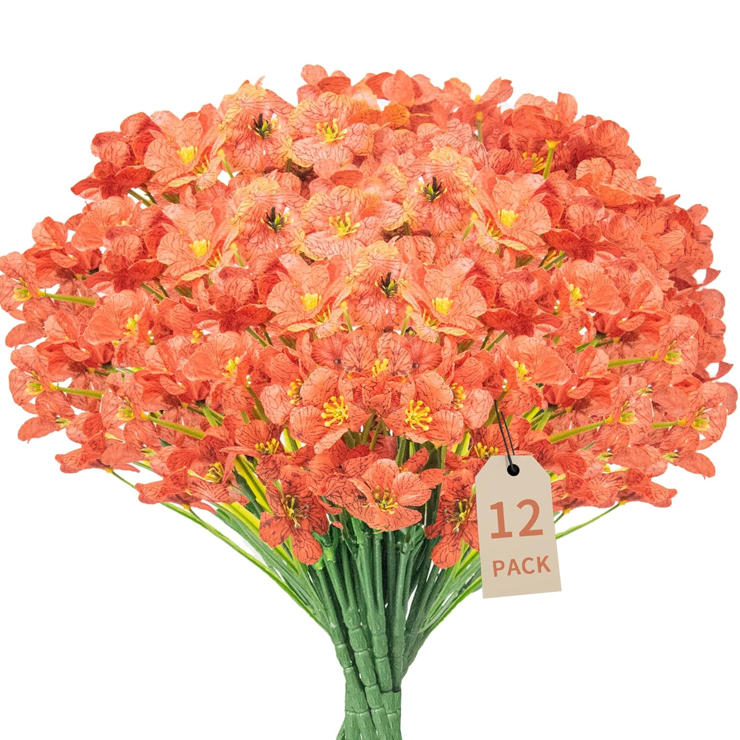 12 Bundles Orange Artificial Flowers, No Fade Plastic Orchid Fake Flowers For Decoration Hanging Planters Indoor Outside Garden Porch Window Box Home Wedding Farmhouse