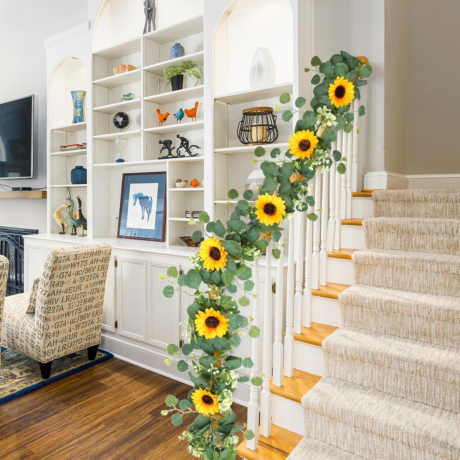 Artificial Sunflower Garland, 2 Packs 6Ft Silk Sunflowers Vines Hanging Flowers Garland With Green Leaves For Party Baby Shower Birthday Wedding Room Decor