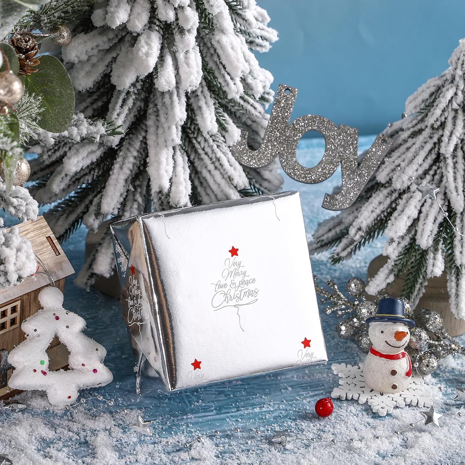 Christmas Wrapping Paper Roll With Metallic Foil Shine - Mini Roll - 17 Inches X 10 Feet Per Roll, Total Of 3 Rolls - Silver Christmas Elements