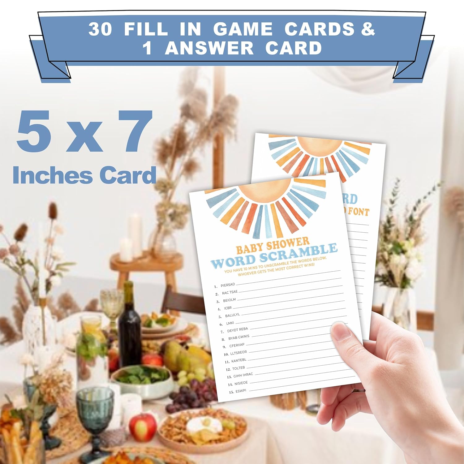 Retro Sunshine Word Scramble Baby Shower Game Kit - Here Comes The Sun - 30 Fill In Game Cards & 1 Answer Card For Baby Shower, Gender Reveal Party Favor, Activity & Supplies - D08