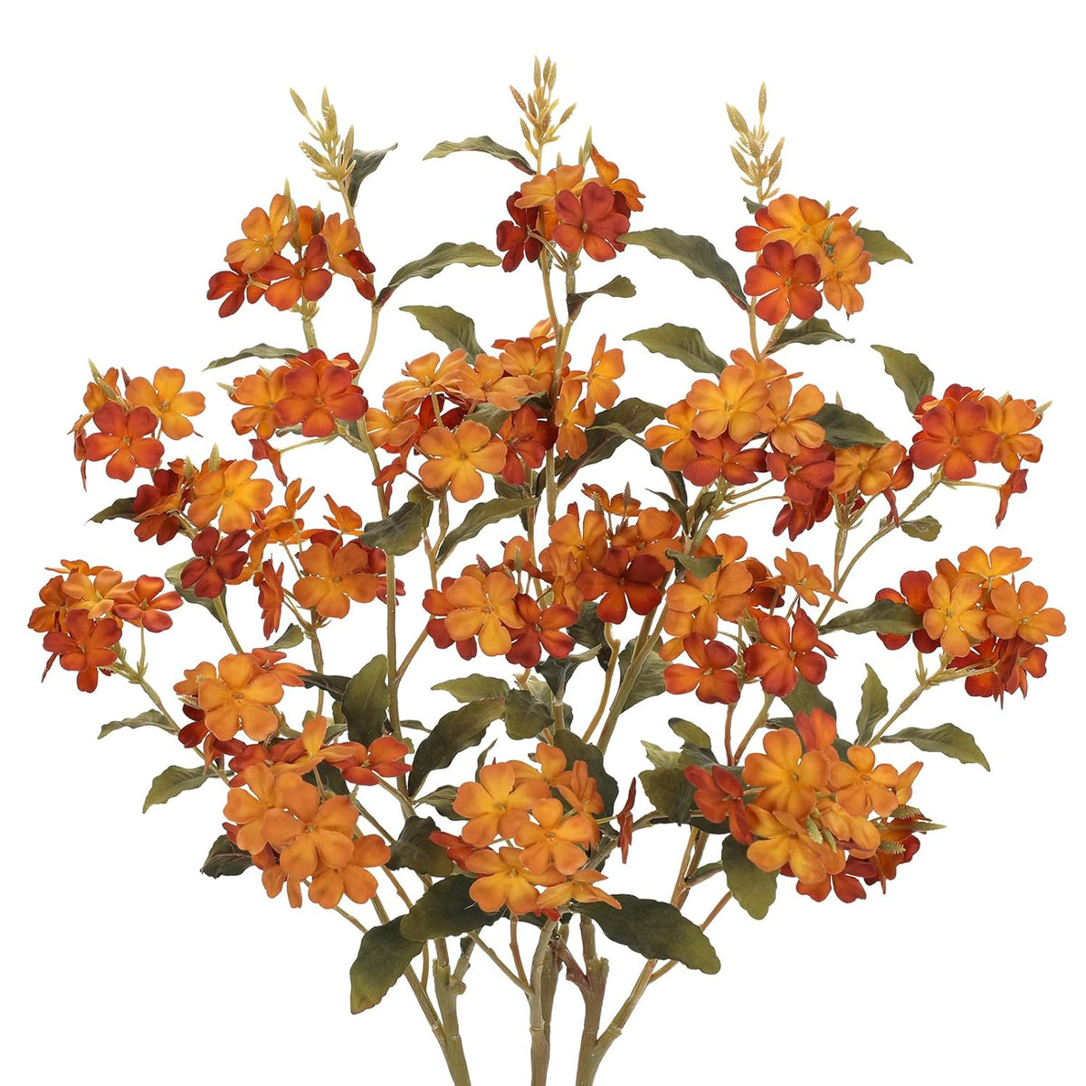 Fall Artificial Hydrangea Flower Stems, 33.5" Silk Blossom Sprays With Bendable Stems, Set Of 3 Faux Floral Branches For Tall Vase Arrangements, Orange