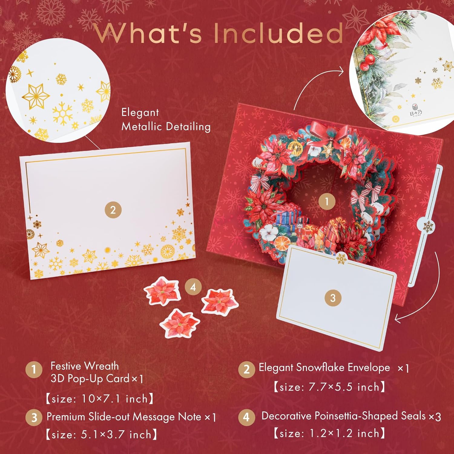 3D Pop-Up Christmas Wreath Card | With Slide-Out Message Note | Handcrafted Holiday Greeting Card | Perfect For Christmas, Holiday Wishes & Winter Greetings | Designed In Japan