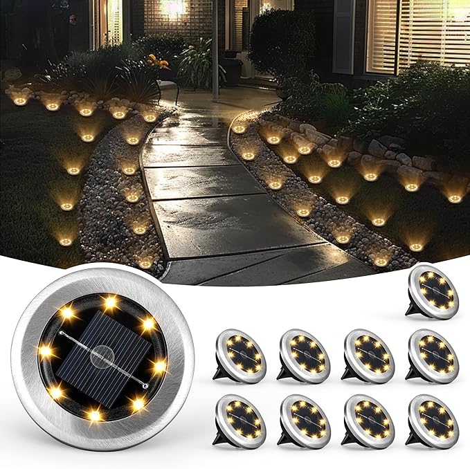 10 Pack Mini Solar Ground Lights Waterproof Warm White Pathway Garden Landscape Lights