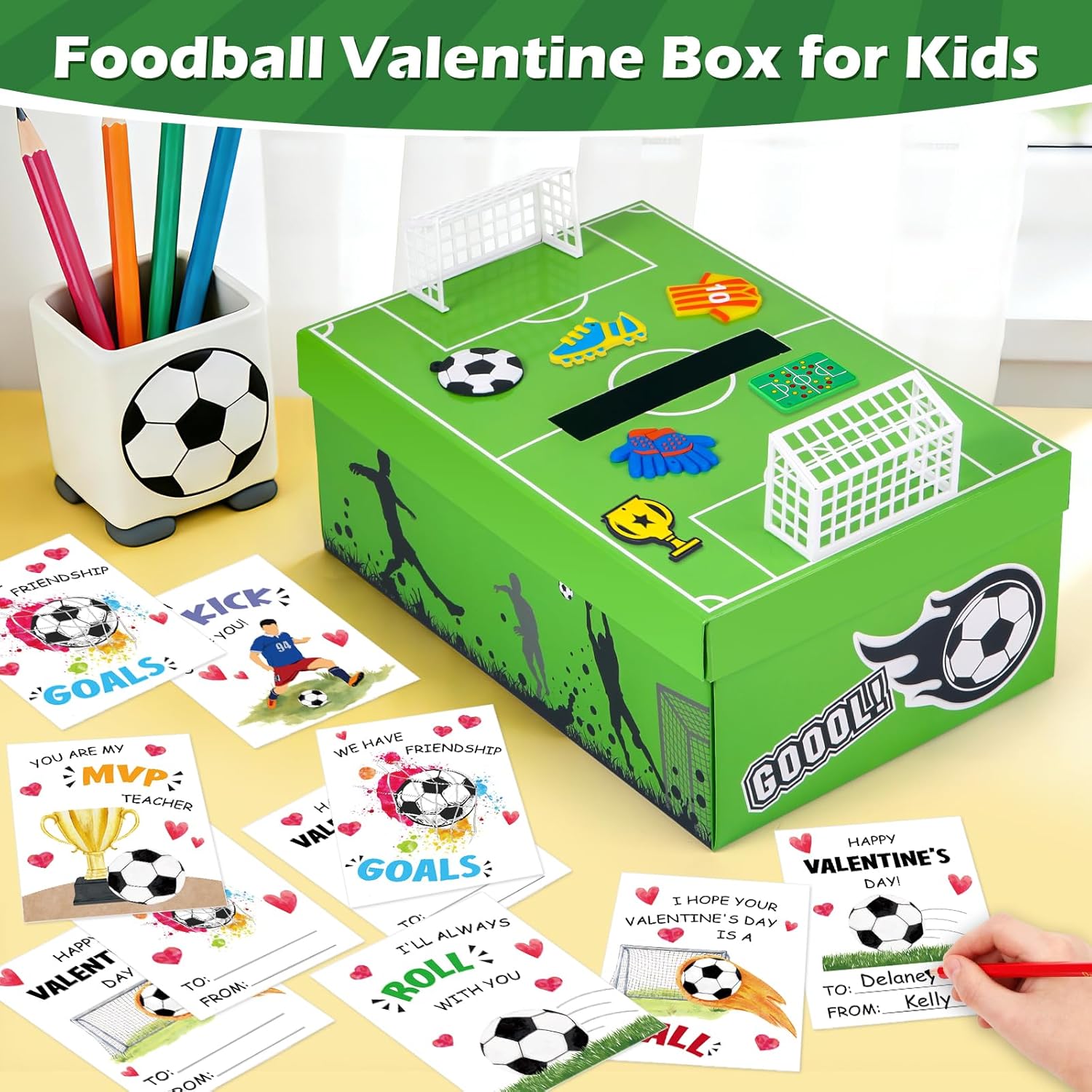 Soccer Valentines Day Box And Cards For Kids Classroom School Exchange, Great Valentines Gifts Party Favors For Boys Girls (1 Soccer Field Box, 32 Valentine Cards, 1 Teacher Card)