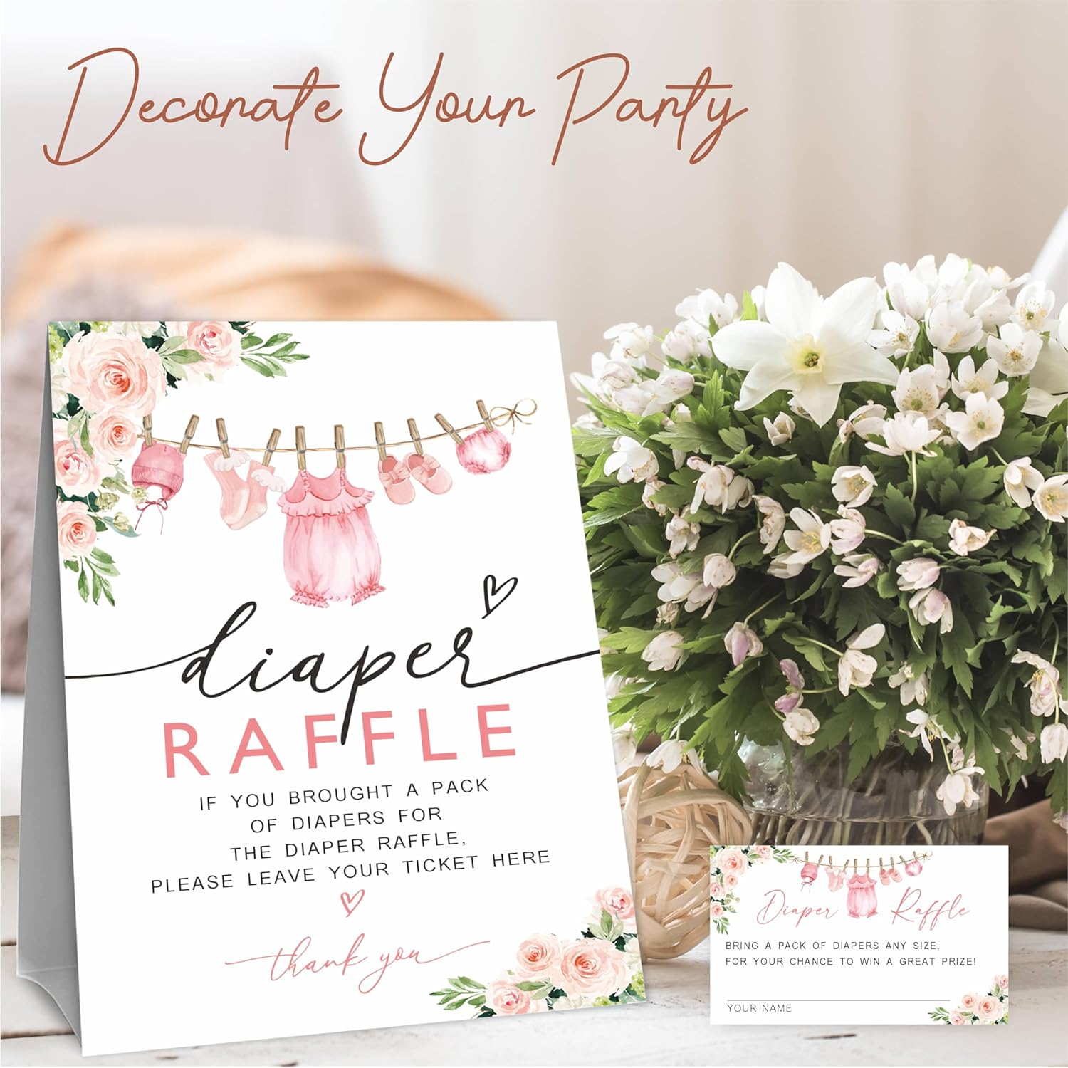 Baby Girl Diaper Raffle Game Kit For Baby Shower, Baby Blush Floral - 1 Standing Sign & 50 Tickets, Decorations For Baby Shower, Gender Reveal, Baby Announcement, Party Favor & Supplies - A07