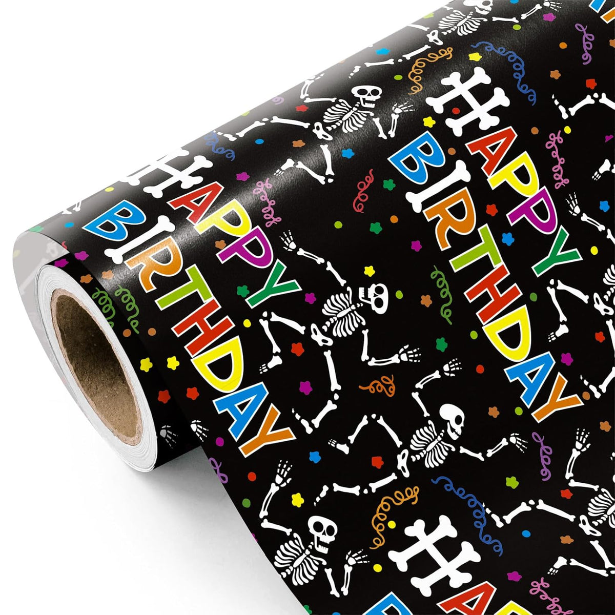 Birthday Wrapping Paper Roll - Mini Roll - 17 Inch X 16.5 Feet - Colorful Skeletons And Happy Birthday Wrapping Paper For Kids Girls Boys, Halloween