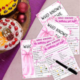 Who Knows The Birthday Best - Pink Party Games Card Set Of 20 - Birthday Night Games Creative Idea - Pink Bow Themed Sleepover Slumber Party Supplies