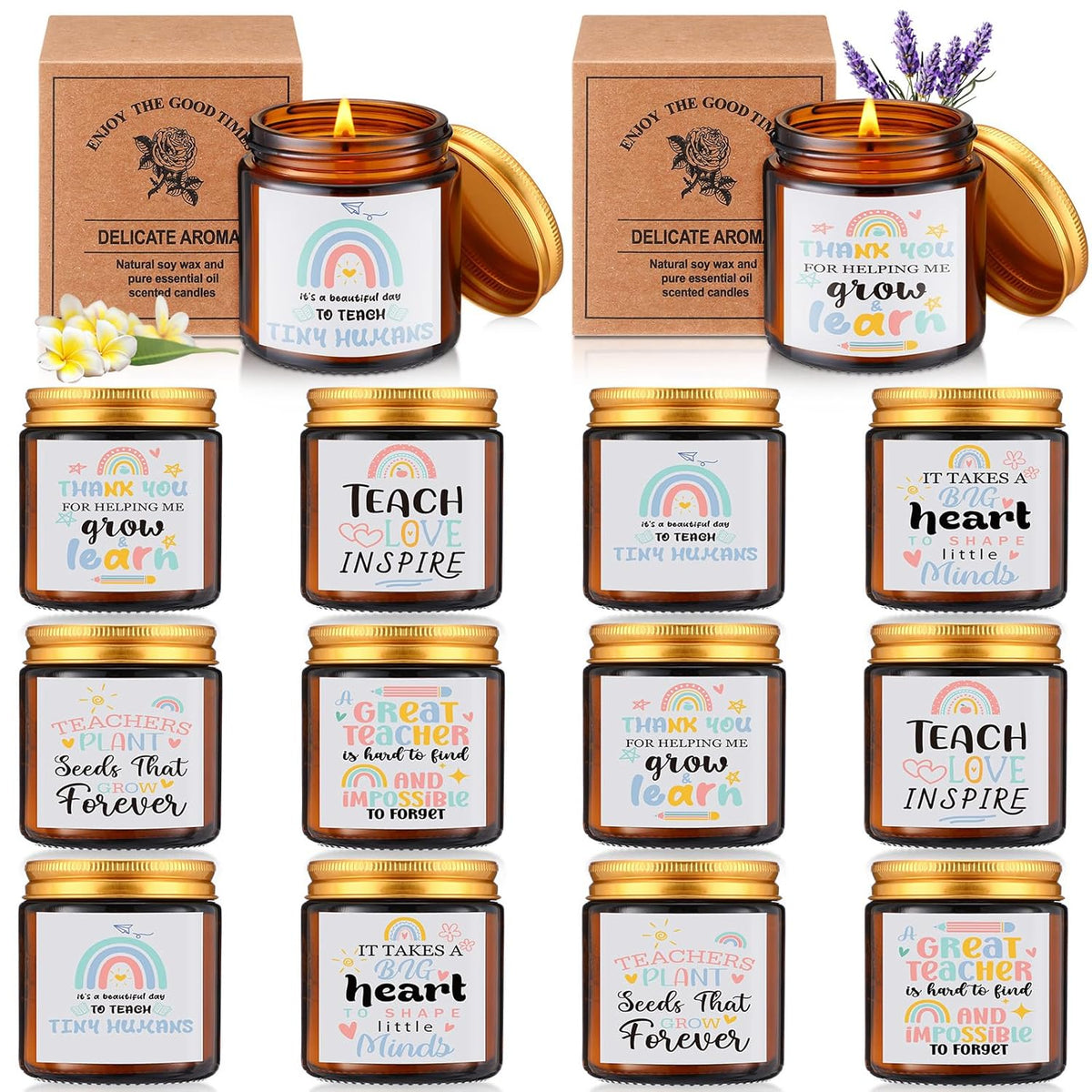 12 Pcs Teacher Appreciation Gift Bulk 3.5Oz Scented Soy Wax Fragrance Thank You Candle Aromatherapy Jar Inspirational Candle For Thank You Teacher Back To School Gift, 12 Style (Rainbow,Brown)