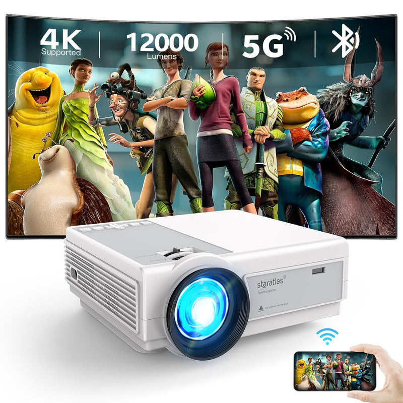 4K Projector With Wifi And Bluetooth, 12000 Lumens Portable Native 1080P Mini