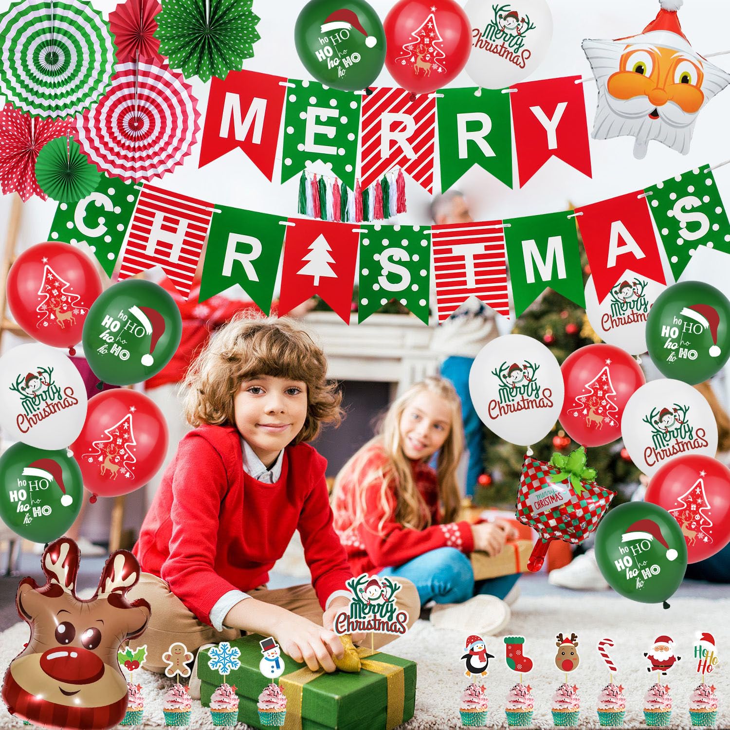Christmas Party Balloon Set,Christmas Party Decorations Supplies Set, Reusable Indoor Kit With Merry Christmas Banner, Snowman Garland, Balloons, Hanging Swirls, Tissue Fan Flower, 55 Pieces