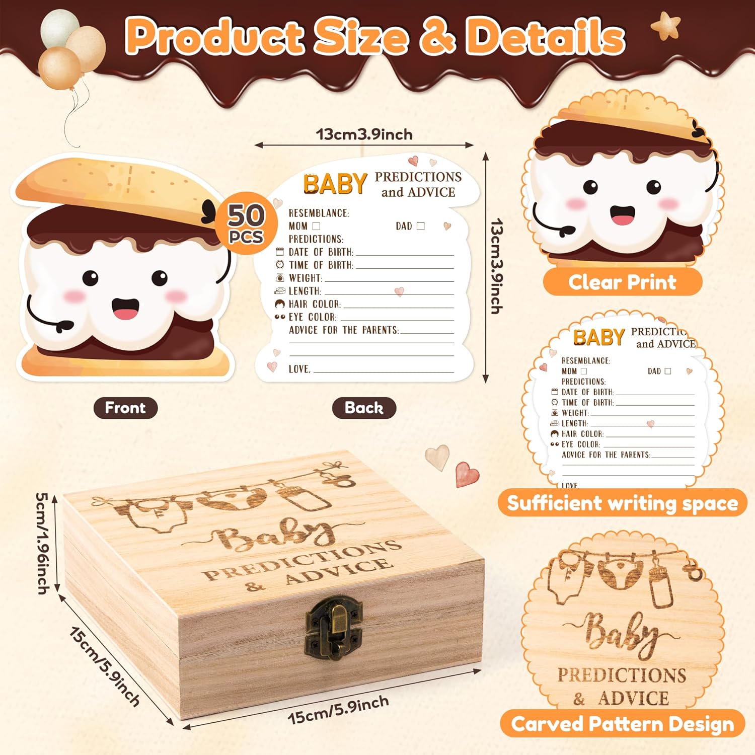 S'Mores Marshmallow Baby Shower Game - 50Pcs Cute Marshmallow Advice & Prediction Cards With Wooden Keepsake Box For New Parents Baby Shower Gender Neutral Party Decor Birthday Gift