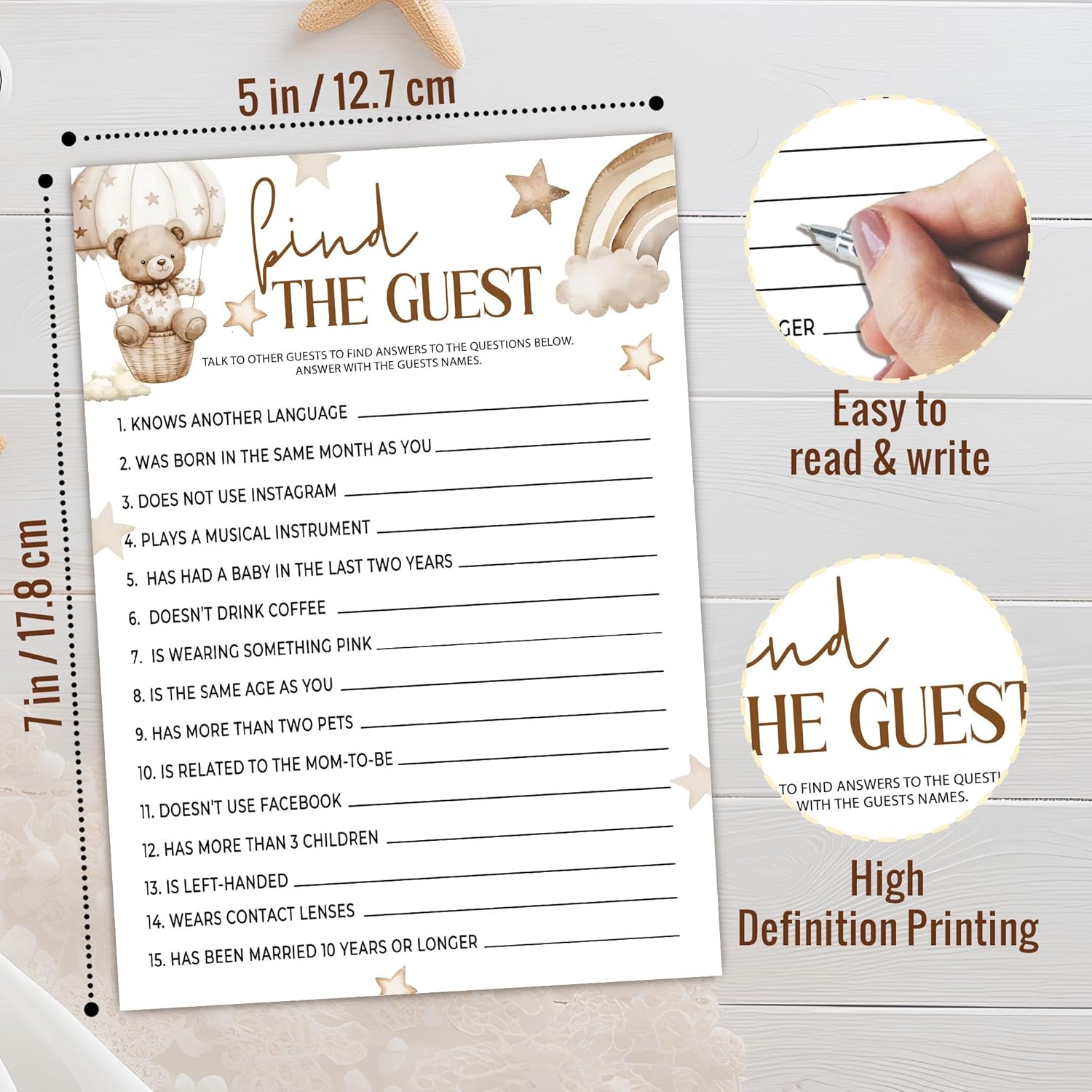 Find The Guest Games, 5X7 Inch Funny Baby Shower Games Cards, 25 Gender Neutral Cards, Cute Brown Bear Print, Gender Reveal Party Favor & Supplies, Baby Shower Decoration-B11