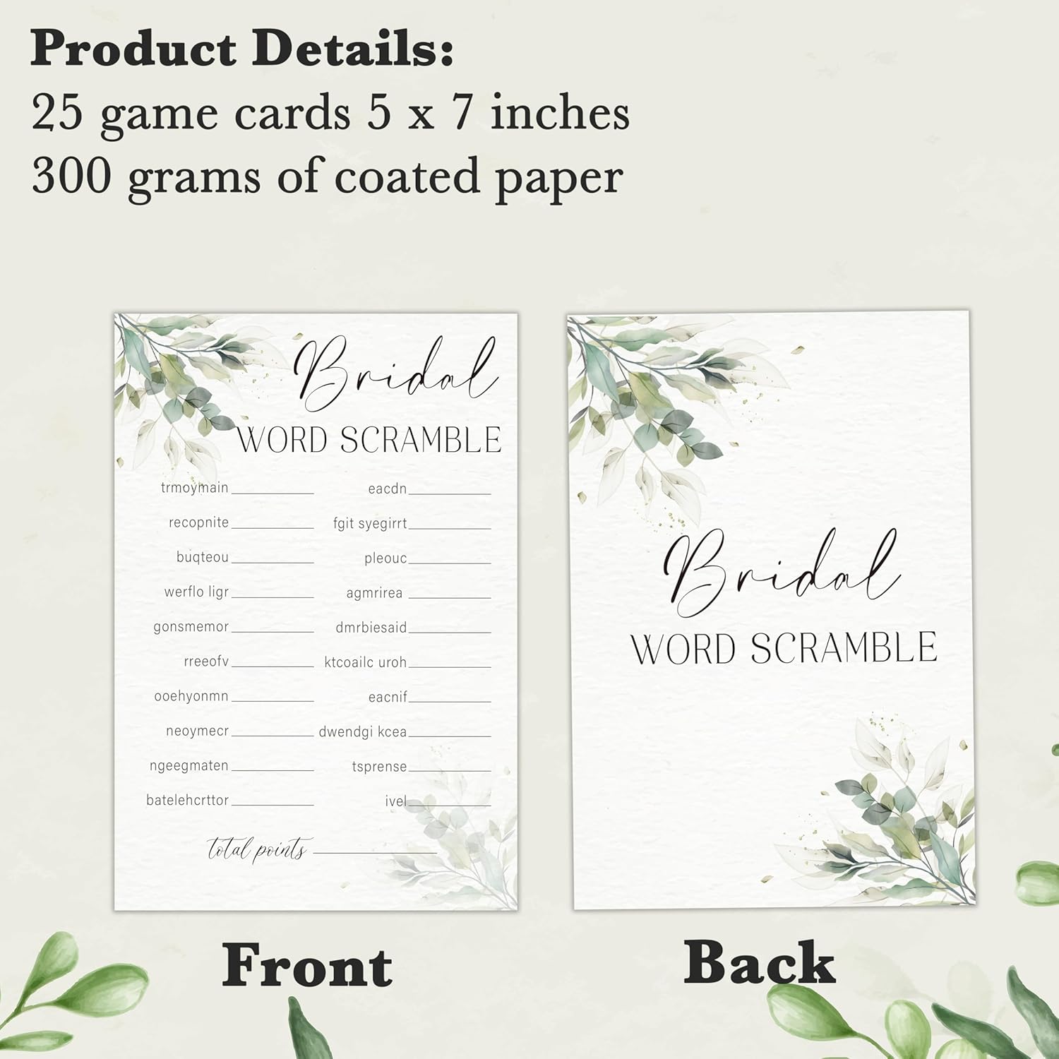 Wedding Shower Game Cards, 30 Greenery Bridal Word Scramble Cards & 1 Answer Card For Bachelorette Engagement Party Reception Supplies Decor- B08