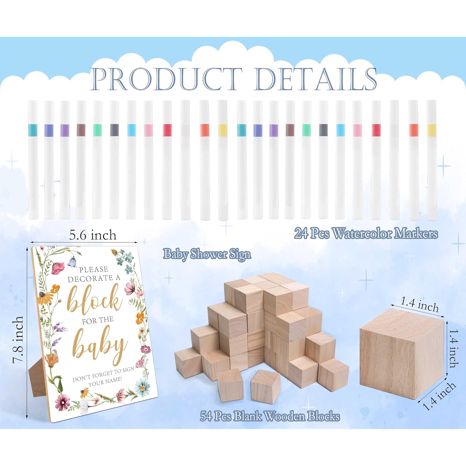 79 Pcs Wood Baby Blocks For Baby Shower Games Decorate, Including 1 Block Floral Boho Sign 54 Diy Blank Blocks 24 Pens, For Activities, Gender Reveal,3