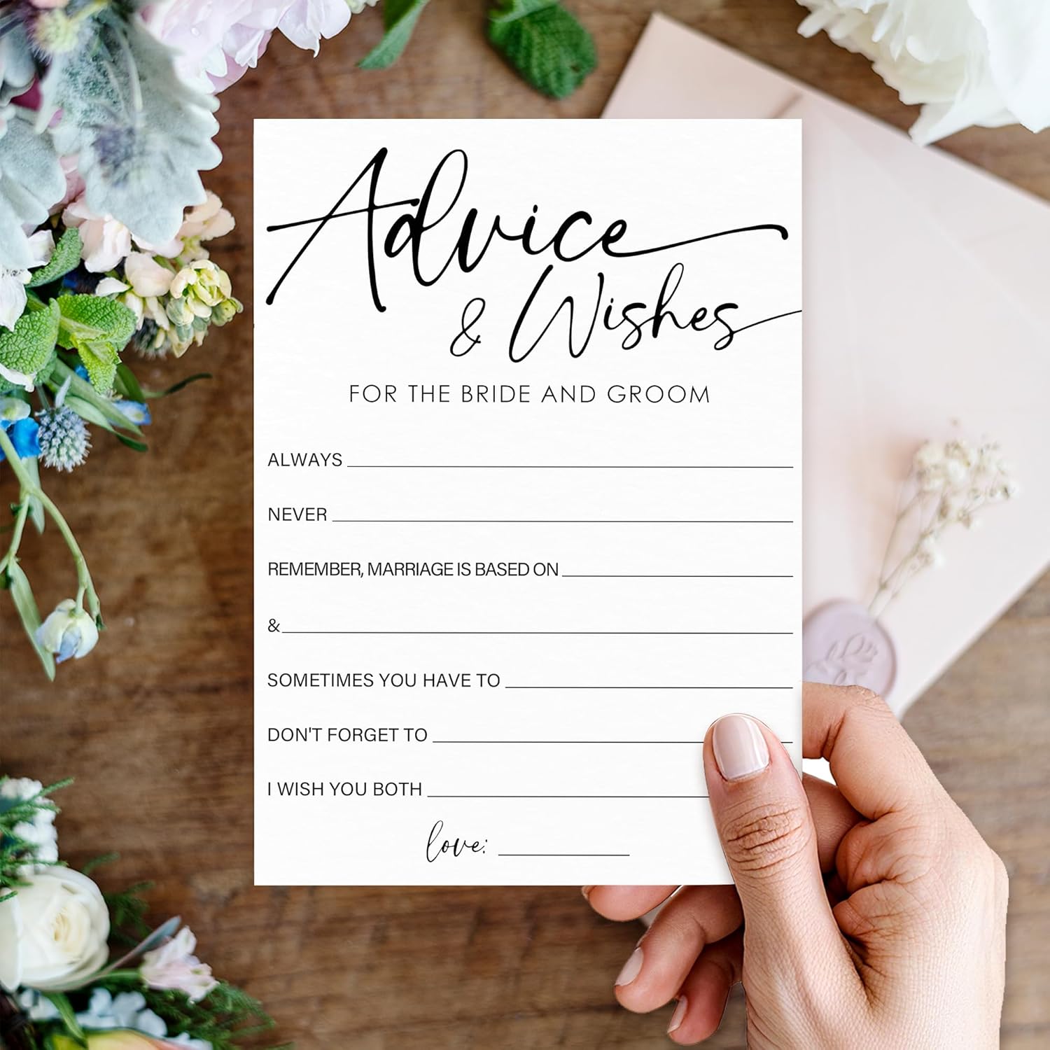 Bridal Shower Game Card Set - Advice & Wishes - 50 Minimalist White Game Cards For Wedding Shower - Bachelorette Party Decor & Fun Activities For Bride & Groom - A02
