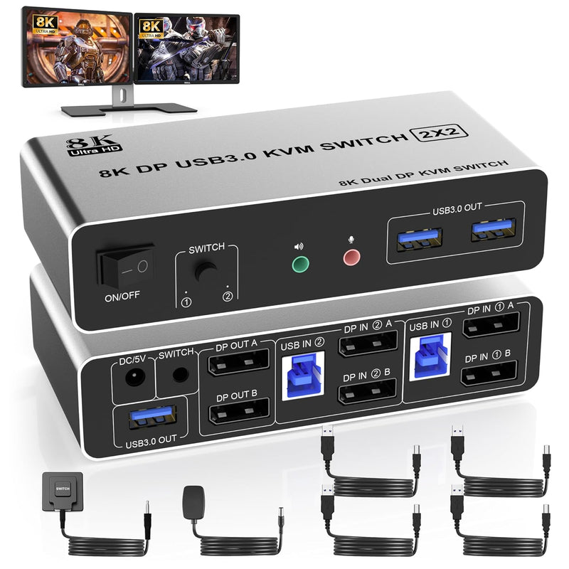 8K Usb 3.0 Displayport Kvm Switch Dual Monitor 2 Computers, 8K@60Hz Kvm Switch