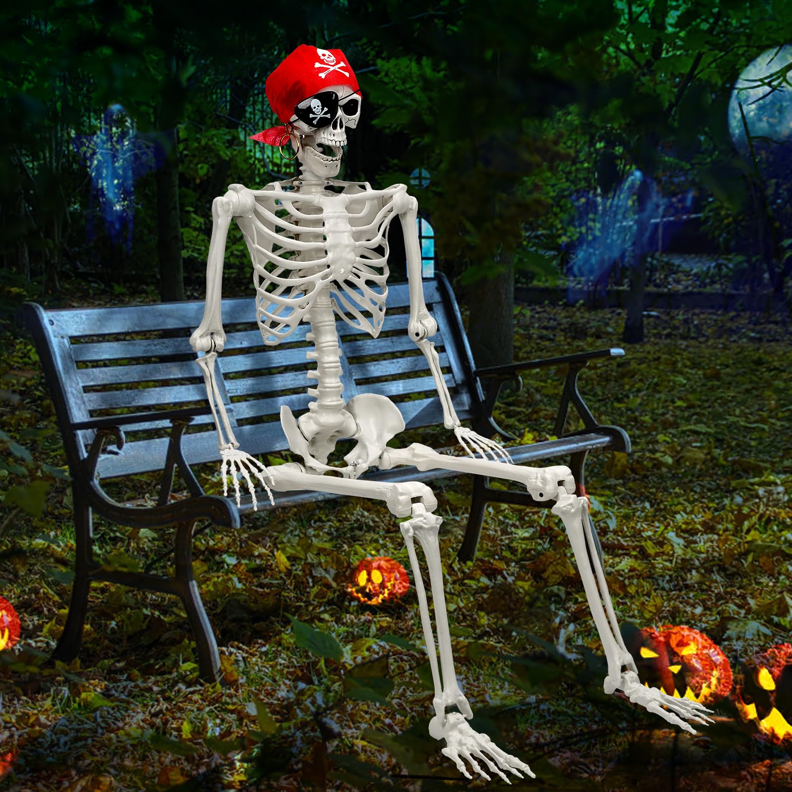 5.5 FT Skeleton Halloween Decorations, Posable Full Body Life-Size Skeleton Prop with Movable Joints for Halloween Decorations Haunted House Outdoor Yard Prop