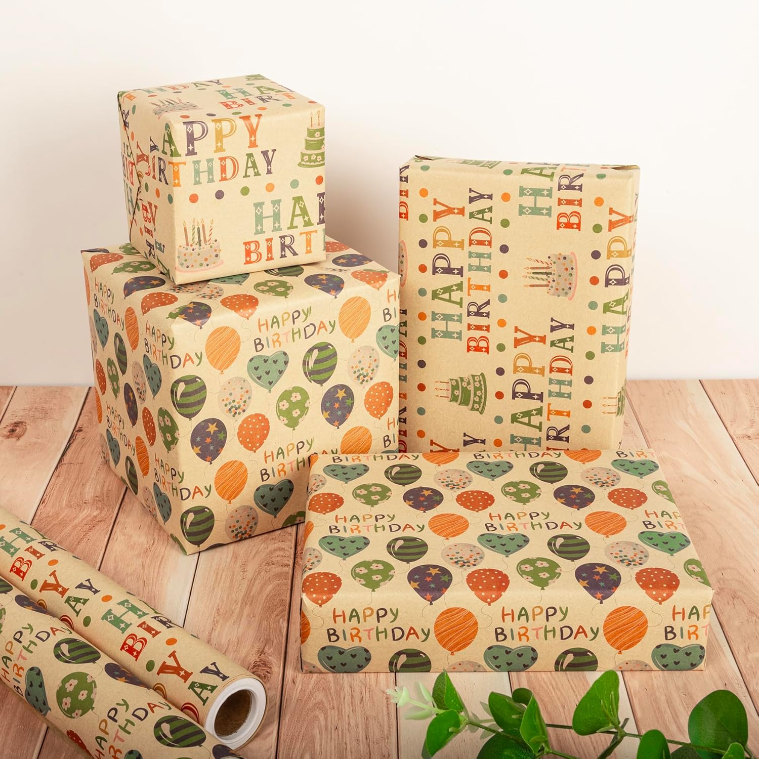 Birthday Wrapping Paper Set - Colorful Balloon & Happy Birthday Lettering Design, 6 Sheets X 17" X 40"