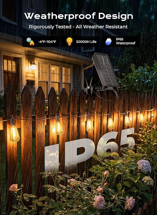 52FT Solar String Lights Waterproof Remote Timer USB & Solar Powered Dimmable Patio Lights