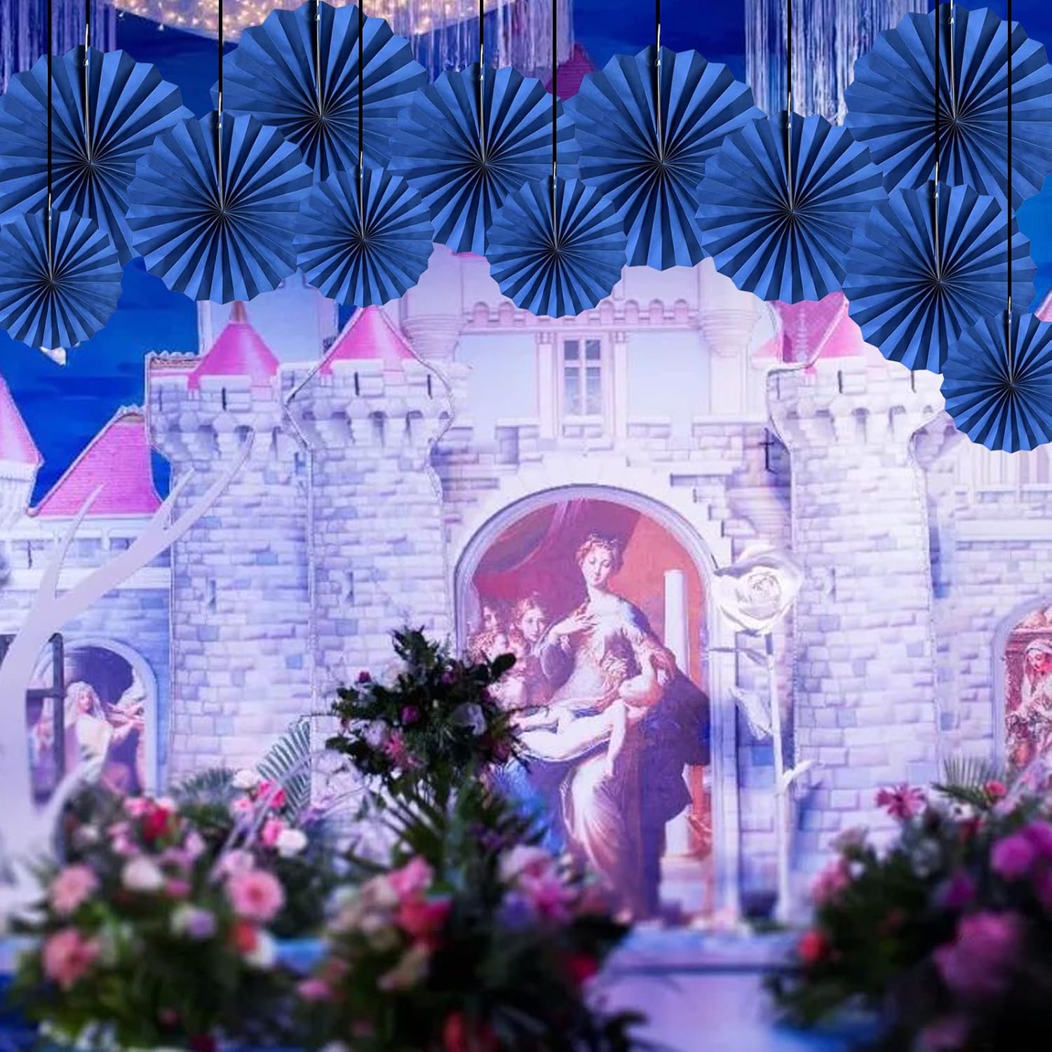 Blue Party Hanging Fans Diy Set - 12Pcs Paper Fans, Pinwheels, Craft For Wedding, Birthday, Christmas Party Decoration