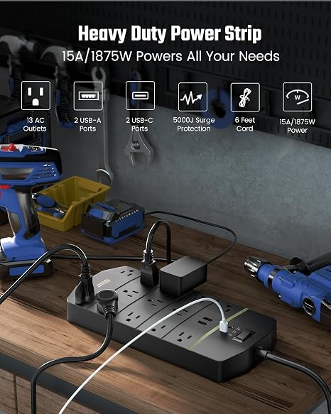 Heavy Duty Surge Protector Power Strip 13 Outlets 4 USB Ports USB C 5000J 14AWG Black