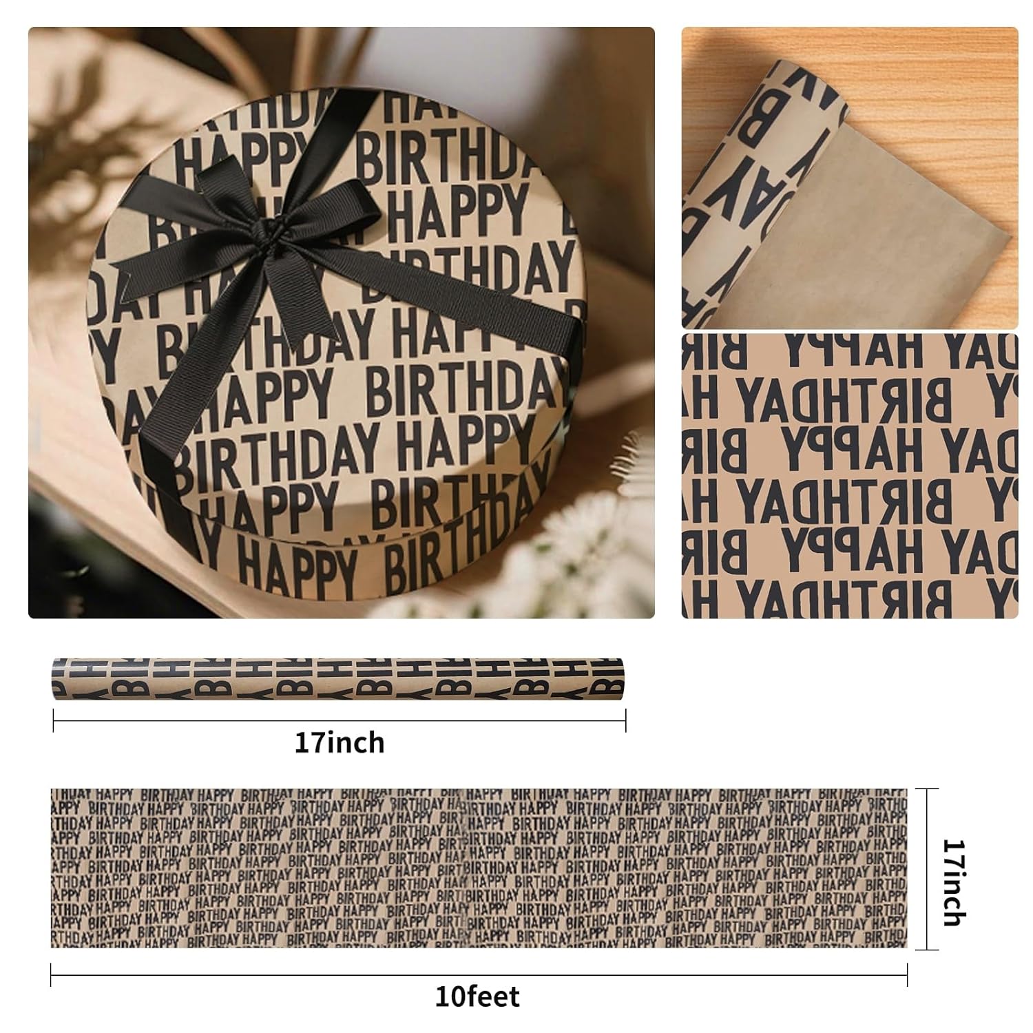 Gift Wrapping Paper Roll - Birthday Kraft Wrapping Paper Vintage Style Paper Perfect For Men Women Brown Kraft Paper With Black Pattern Gift Wrap For Birthday Party- 17 Inch X 120 Inch(10 Feet)