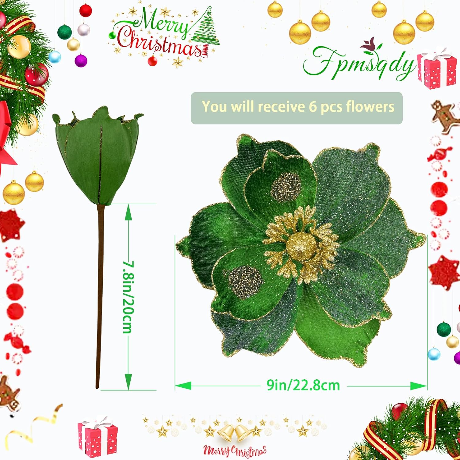 9In Christmas Flowers Large Glitter Magnolia Flowers Velvet Christmas Decorations Green Christmas Tree Ornaments Set Of 6 Giant Artificial Flowers With Stems For Xmas Tree Holiday
