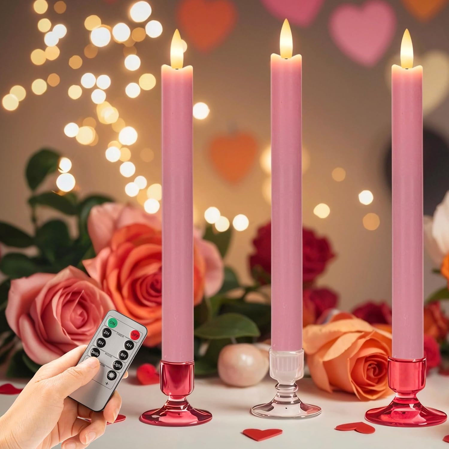 Flameless Taper Candles With Remote, Real Wax Battery Operated Led Candles Set With 3D Flickering Flame, 9.6" Realistic Dripless Candlesticks For Valentine'S Day Decor, 3 Pack Pink
