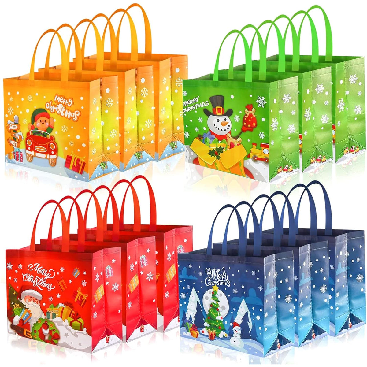 12 Pack Large Christmas Tote Bags With Handles, Reusable Non-Woven Gift Bag Grocery Shopping Totes For Xmas Holiday Party Supplies