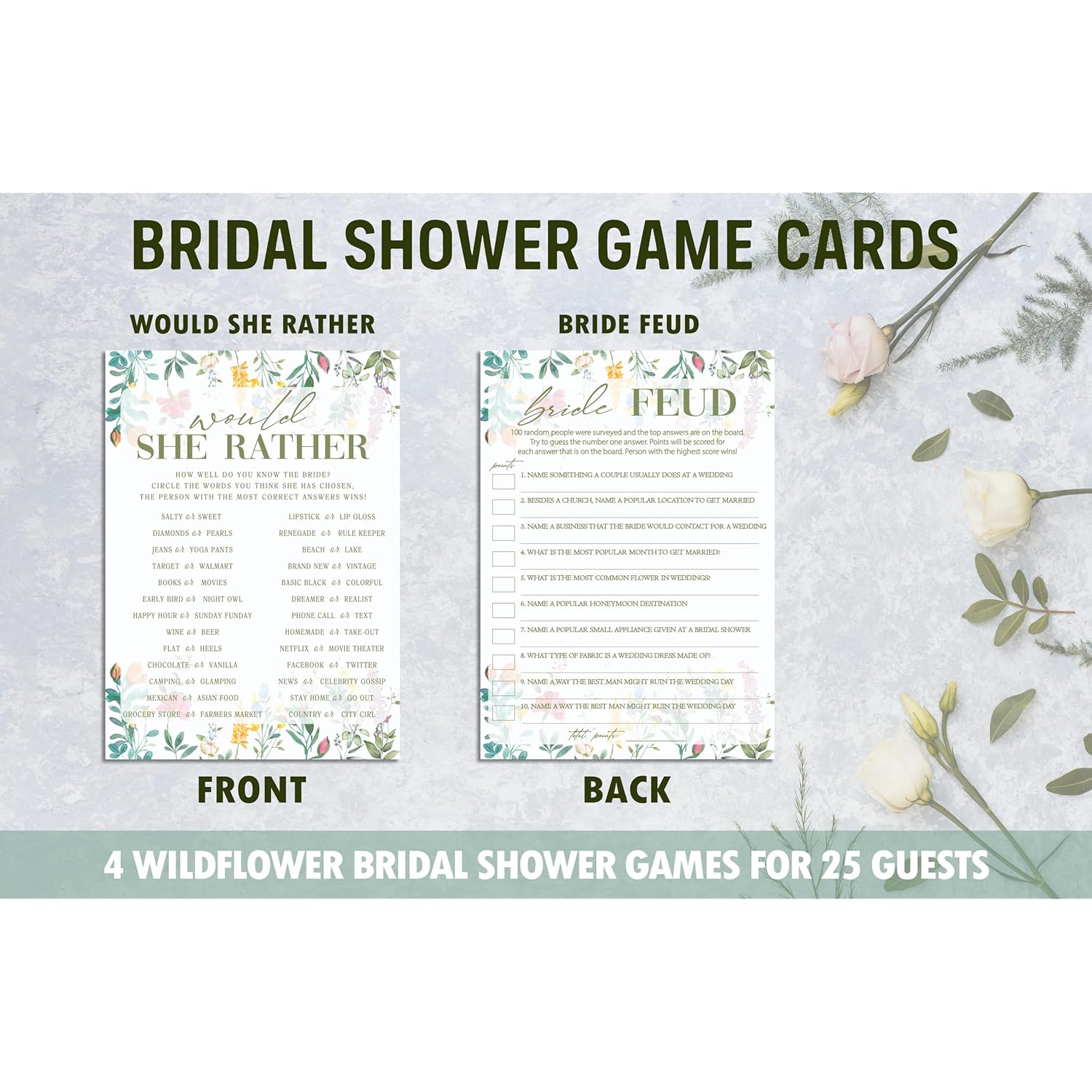 Wildflower Bridal Shower Games Set, 4 Games Includes He Said She Said, Would She Rather, What Is In Your Purse, Bride Feud, 50 Double-Sided Cards, Wedding Party Supplies -02