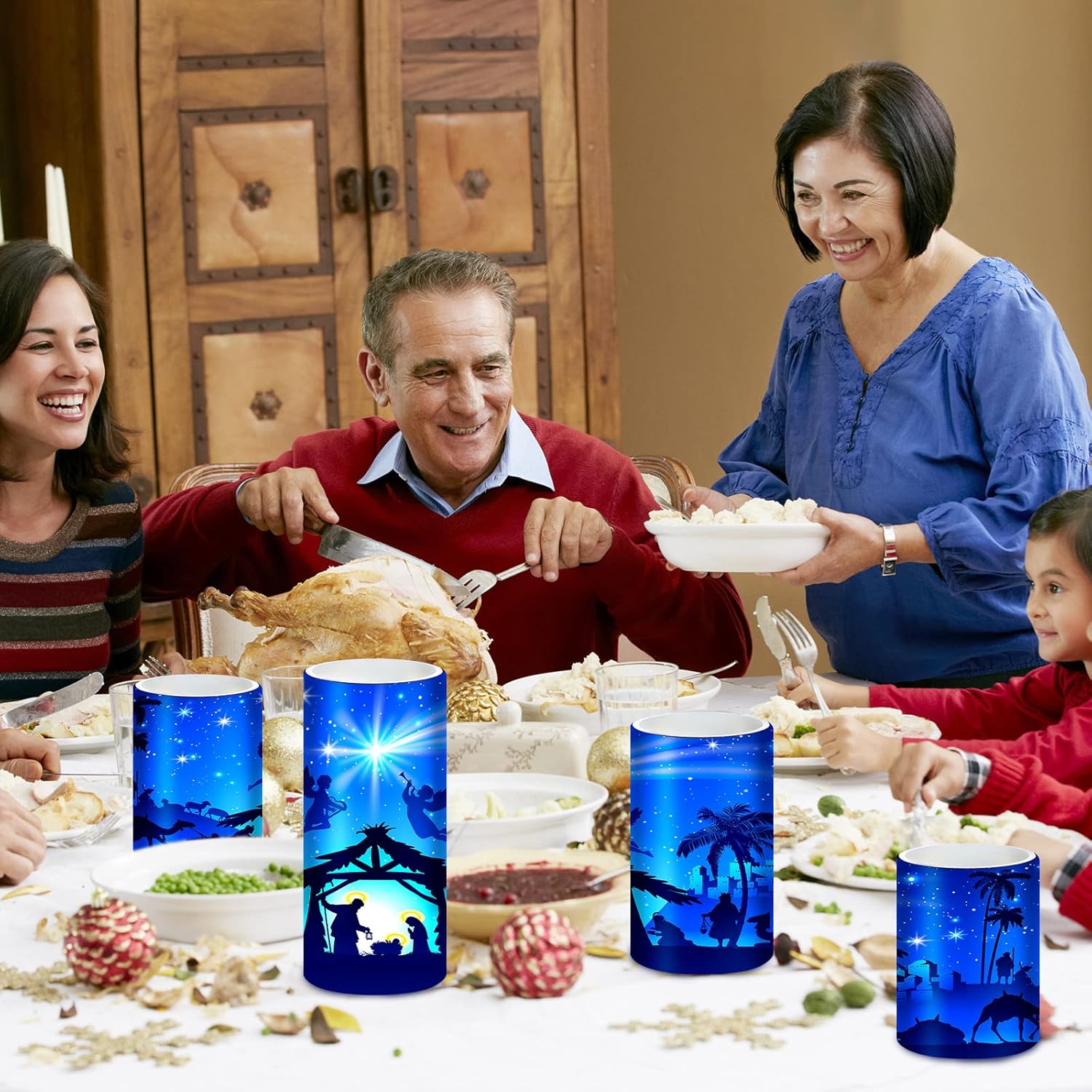 Christmas Nativity Scene Candles Led Religious Theme Flameless Candles Battery Operated Led Warm Light Flickering Pillar For Xmas Holiday Table Decorations (Romantic)