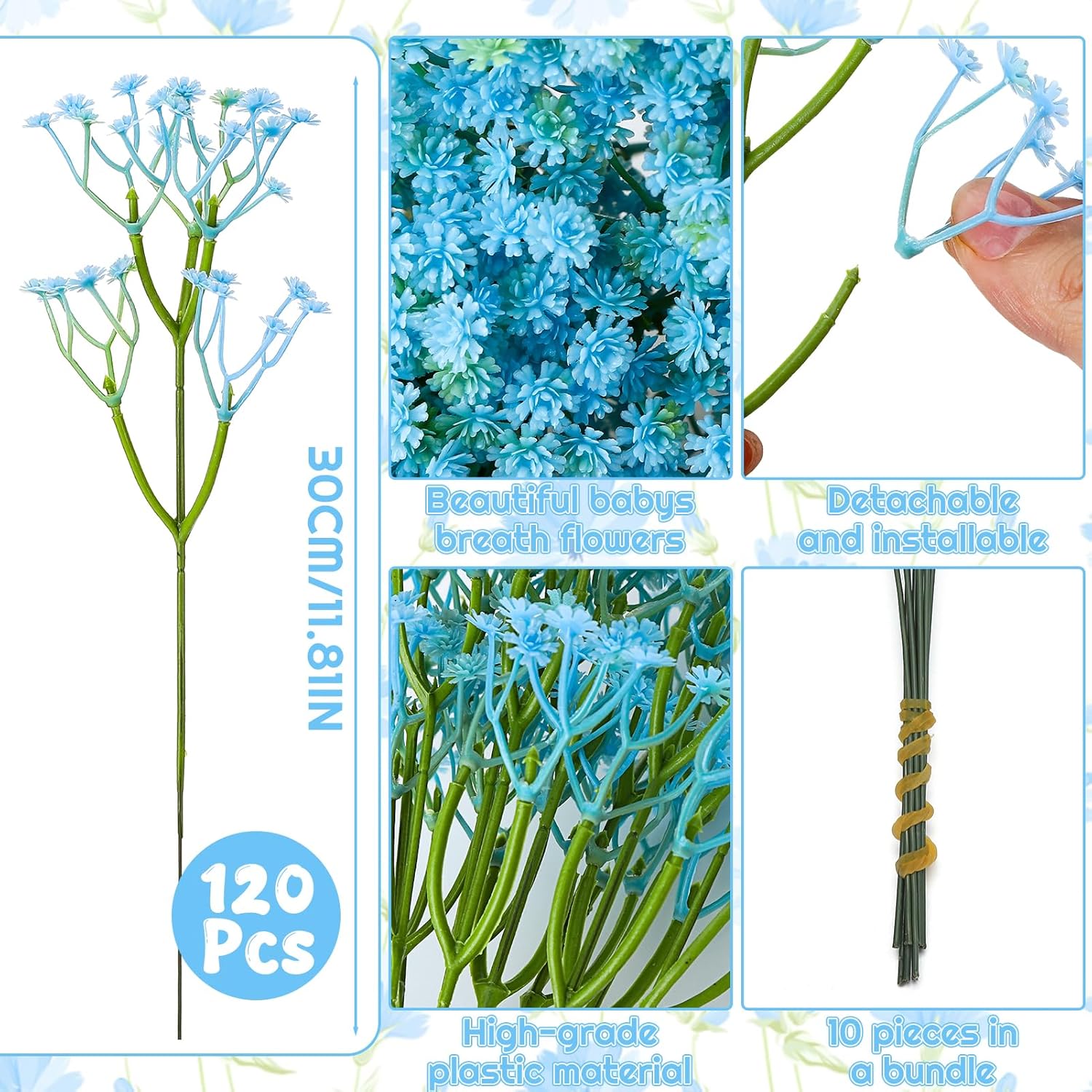 120 Pcs Baby Breath Artificial Flowers Bulk Blue Baby Breath Flowers Artificial Fake Babys Breath Gypsophila Faux Babys Breath For Wedding Bouquet Home Party Decor, 11.8 Inch