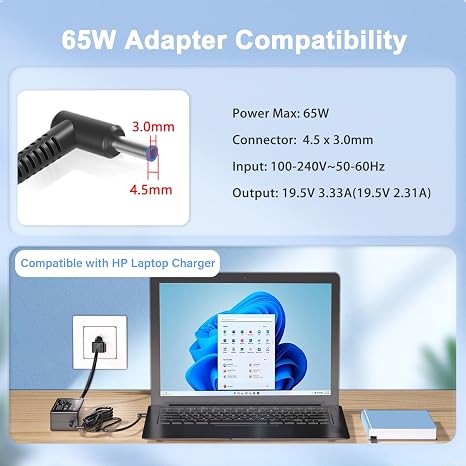 HP 65W 19.5V 3.33A Blue Tip Laptop Charger AC Power Adapter for Pavilion