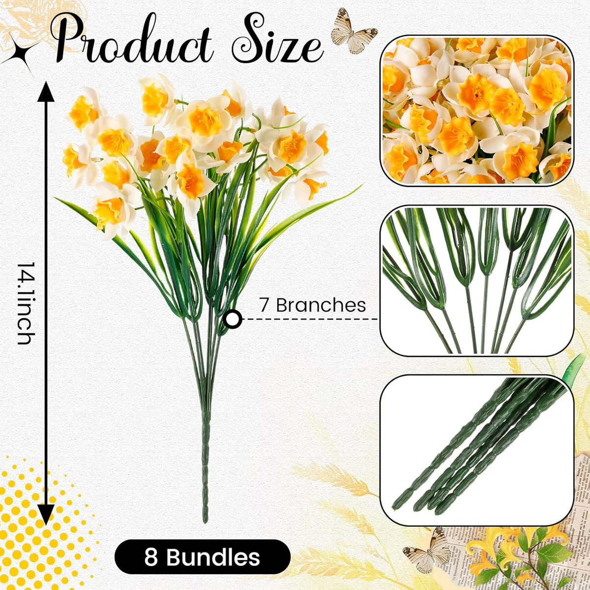 8 Bunches Artificial Daffodils Flowers 14.1 Inches Narcissus Spring Flower Faux Flowers For Home Decor Indoor Decorative For Home Garden Wedding Party(White & Yellow)
