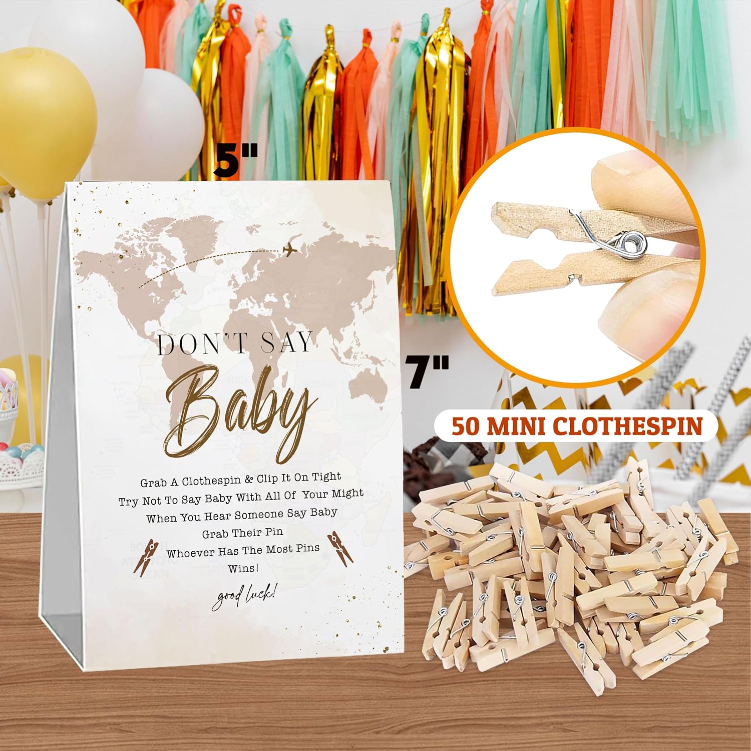 Travel Baby Shower Games, Don'T Say Baby Game For Baby Shower (One Sign With 50 Mini Clothespins), World Map Theme Baby Shower Decorations, Gender Reveal Game-Dsbb27
