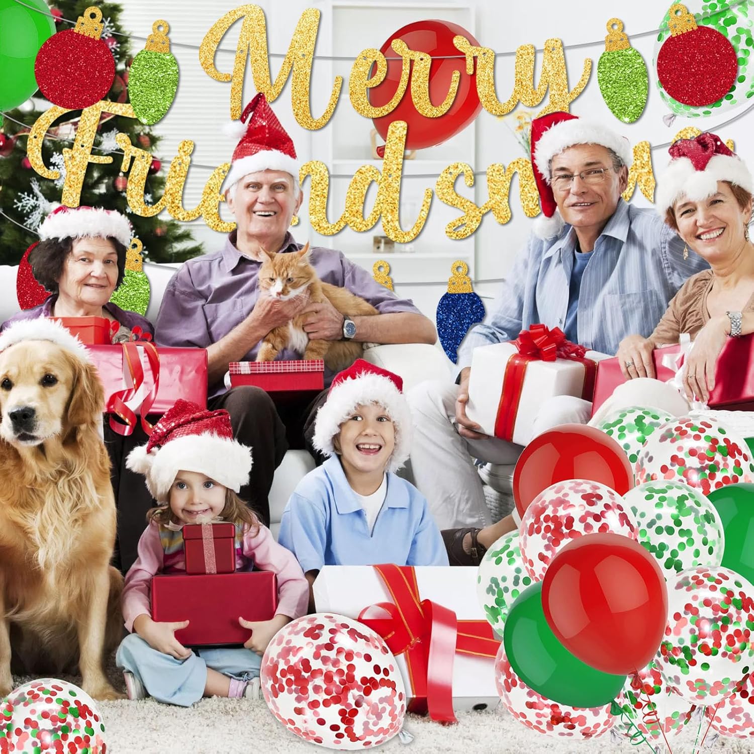 Merry Friendsmas Party Decorations Include Gold Glitter Merry Friendsmas Banner, Christmas Balloons For Friends Themed Xmas Holidays Party Supplies Decors