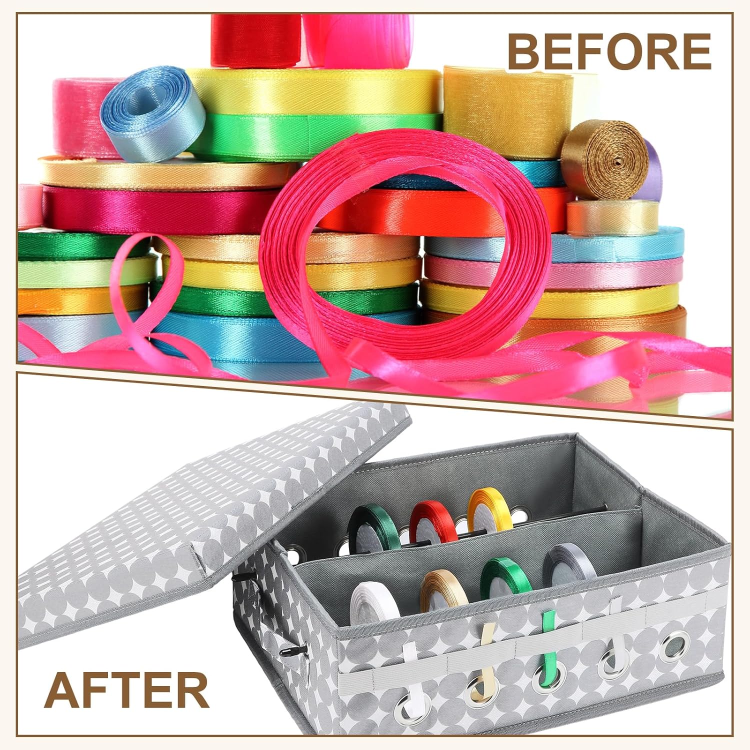 2 Pack Christmas Ribbon Organizer Container Box With Lid Gift Ribbon Organizer 11" X 14" X 5" For Craft Room(Grey,A)