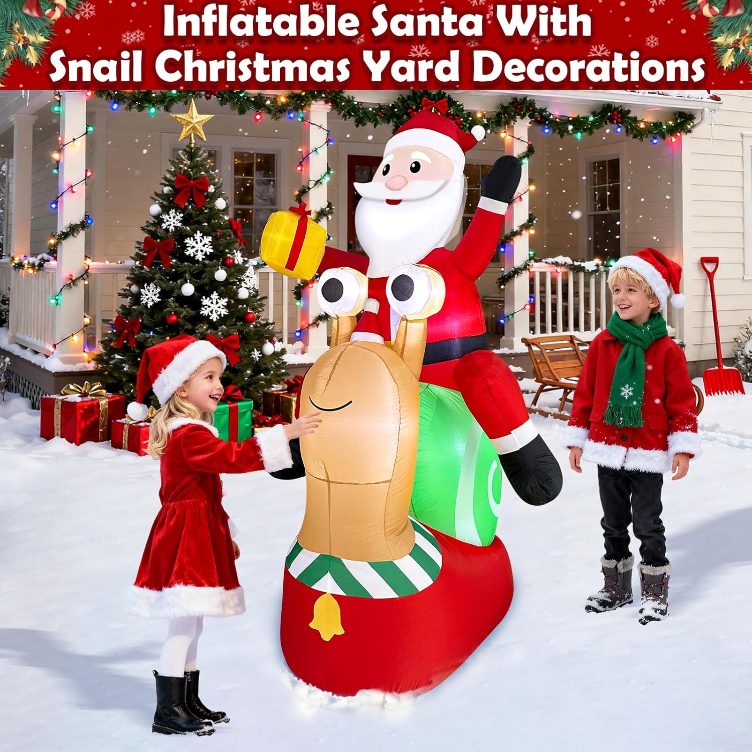 6 Ft Funny Christmas Inflatable Outdoor Decoration, Light Up Christmas Santa Riding Snail Built-In 6 Leds Lights, Blow U